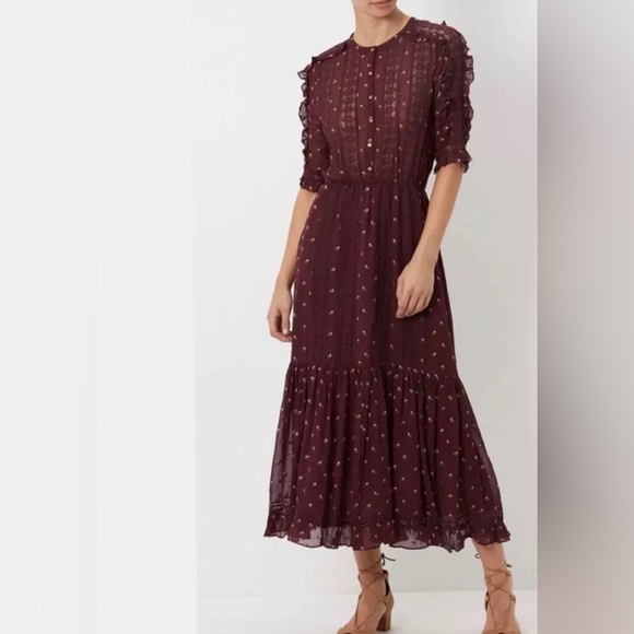 ULLA JOHNSON bordeau button down dress in floral ditsy print size 8 - Picture 4 of 11